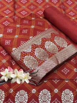 Chhabra 555 - Red Bandhani Printed Unstitched Kurta with Bottom and Dupatta