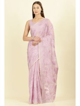 MEENA BAZAAR - Lavender Cotton Floral Resham Embroidered Saree with Unstitched Blouse
