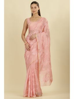 MEENA BAZAAR - Pink Cotton Floral Resham Embroidered Saree with Unstitched Blouse