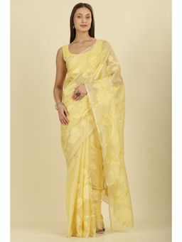 MEENA BAZAAR - Pale Yellow Cotton Floral Resham Embroidered Saree with Unstitched Blouse