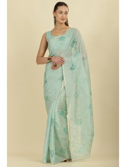 MEENA BAZAAR - Mint Green Floral Resham Embroidered Cotton Saree with Unstitched Blouse