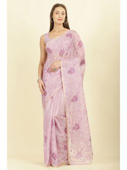 MEENA BAZAAR - Lavender Floral Resham Embroidered Cotton Saree with Unstitched Blouse