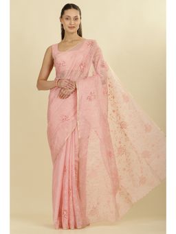 MEENA BAZAAR - Pink Floral Resham Embroidered Cotton Saree with Unstitched Blouse
