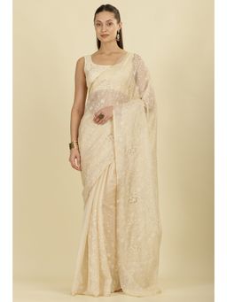 MEENA BAZAAR - Cream Floral Resham Embroidered Cotton Saree with Unstitched Blouse
