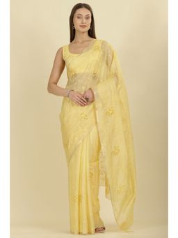 MEENA BAZAAR - Yellow Floral Resham Embroidered Cotton Saree with Unstitched Blouse