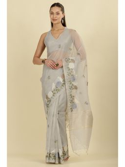 MEENA BAZAAR - Grey Kota Cotton Floral Resham Embroidered Saree with Unstitched Blouse