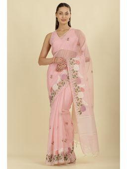 MEENA BAZAAR - Pink Kota Cotton Floral Resham Embroidered Saree with Unstitched Blouse