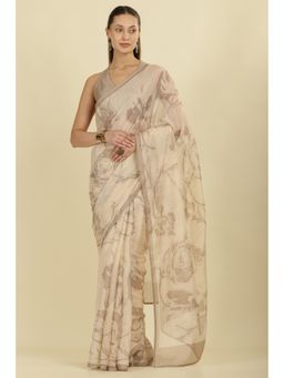 MEENA BAZAAR - Beige Floral Printed Kota Cotton Saree with Unstitched Blouse