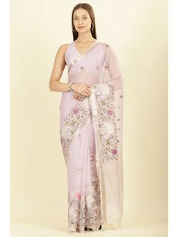 MEENA BAZAAR - Lavender Kota Cotton Floral Resham Embroidered Saree with Unstitched Blouse