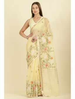 MEENA BAZAAR - Yellow Kota Cotton Floral Resham Embroidered Saree with Unstitched Blouse