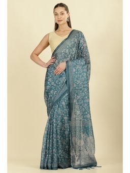 MEENA BAZAAR - Teal Kota Cotton Floral Jaal Printed Saree with Unstitched Blouse