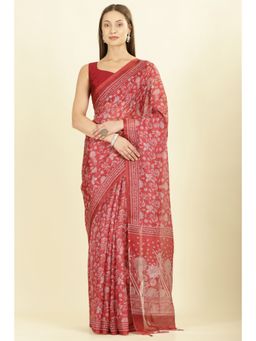 MEENA BAZAAR - Red Kota Cotton Floral Jaal Printed Saree with Unstitched Blouse