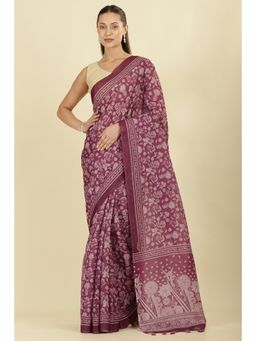 MEENA BAZAAR - Wine Kota Cotton Floral Jaal Printed Saree with Unstitched Blouse