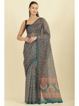 MEENA BAZAAR - Teal Floral Printed Cotton Silk Saree with Unstitched Blouse