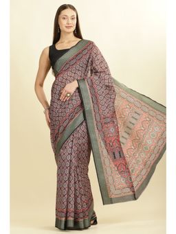 MEENA BAZAAR - Red-Black Ajrakh Floral Block Printed Cotton Saree with Unstitched Blouse