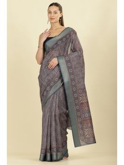 MEENA BAZAAR - Blue Ajrakh Block Printed Cotton Saree with Unstitched Blouse