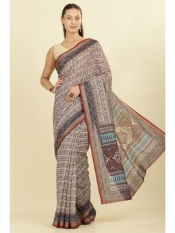 MEENA BAZAAR - Brown Ajrakh Block Printed Cotton Saree with Unstitched Blouse