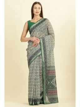 MEENA BAZAAR - Green Ajrakh Block Printed Cotton Saree with Unstitched Blouse