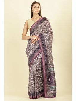 MEENA BAZAAR - Purple Ajrakh Block Printed Cotton Saree with Unstitched Blouse