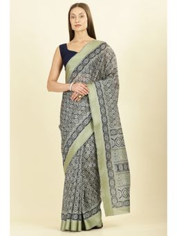 MEENA BAZAAR - Mint Green Ajrakh Floral Block Printed Cotton Saree with Unstitched Blouse