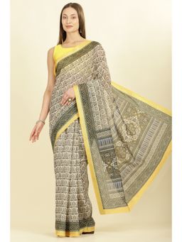 MEENA BAZAAR - Yellow Ajrakh Block Printed Cotton Saree with Unstitched Blouse