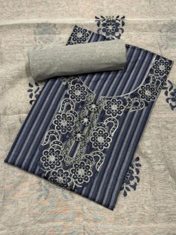 Chhabra 555 - Navy Blue Striped Embroidered Unstitched Kurta with Bottom and Dupatta