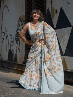 Suta - Blue Pure Cotton Checks Printed Saree Without Blouse