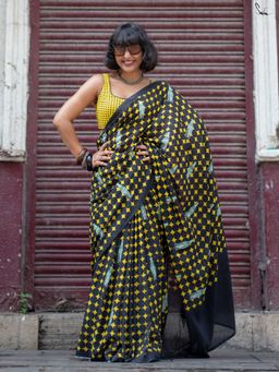 Suta - Black and Yellow Pure Cotton Polka Dot Printed Saree Without Blouse