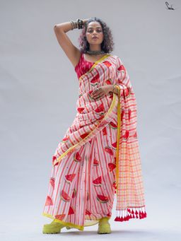 Suta - Red-White Pure Cotton Stripes Printed Saree Without Blouse