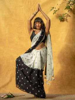 Suta - Black and White Pure Cotton Printed Saree Without Blouse