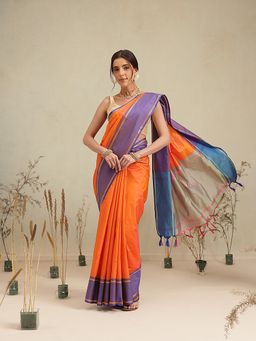 Silk Land - Orange Uppada Arani Pattu Saree with Unstitched Blouse