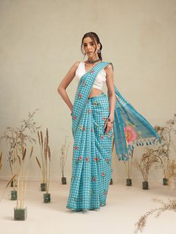 Silk Land - Sky Blue Checks Printed Saree with Unstitched Blouse