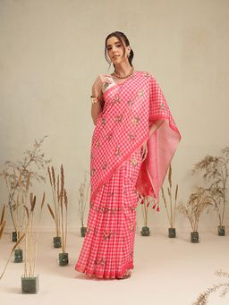 Silk Land - Coral Checks Printed Saree with Unstitched Blouse
