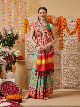 Silk Land - Green Traditional Floral Patola Printed Saree with Unstitched Blouse
