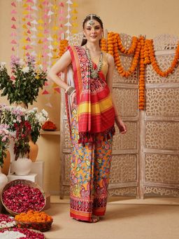 Silk Land - Mustard Traditional Floral Patola Printed Saree with Unstitched Blouse