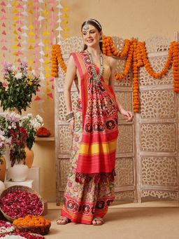 Silk Land - Beige Traditional Floral Patola Printed Saree with Unstitched Blouse