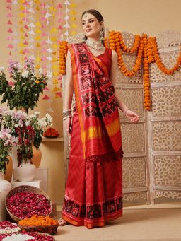Silk Land - Red Patola Printed Weaving Border Saree with Unstitched Blouse