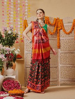 Silk Land - Green Patola Printed Weaving Border Saree with Unstitched Blouse