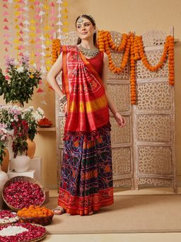 Silk Land - Blue Floral Patola Printed Weaving Border Saree with Unstitched Blouse