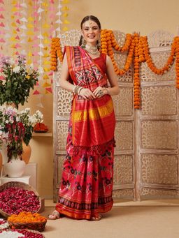 Silk Land - Fuchsia Pink Floral Patola Printed Weaving Border Saree with Unstitched Blouse