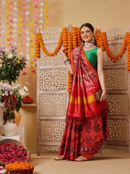 Silk Land - Red Patola Printed Weaving Border Saree with Unstitched Blouse