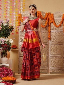 Silk Land - Wine Patola Printed Weaving Border Saree with Unstitched Blouse