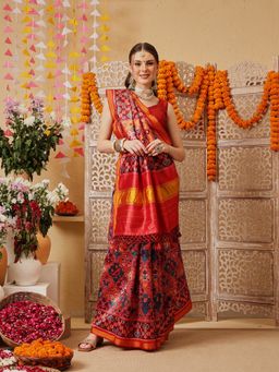 Silk Land - Multi-Color Patola Printed Weaving Border Saree with Unstitched Blouse