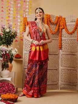 Silk Land - Multi-Color Patola Printed Weaving Border Saree with Unstitched Blouse