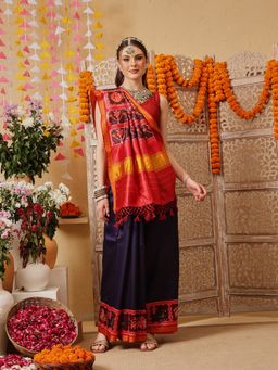 Silk Land - Navy Blue Patola Printed Weaving Border Saree with Unstitched Blouse