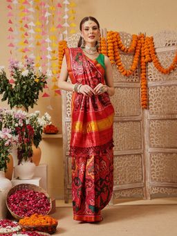 Silk Land - Red-Green Patola Printed Weaving Border Saree with Unstitched Blouse