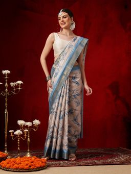 Silk Land - Beige-Blue Digital Floral Printed Zari Border Saree with Unstitched Blouse