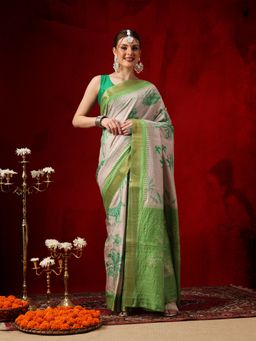 Silk Land - Beige-Green Digital Printed Zari Border Saree with Unstitched Blouse