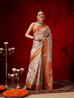 Silk Land - Beige-Green Digital Floral Printed Zari Border Saree with Unstitched Blouse