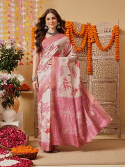 Silk Land - Beige-Pink Digital Printed Zari Border Saree with Unstitched Blouse